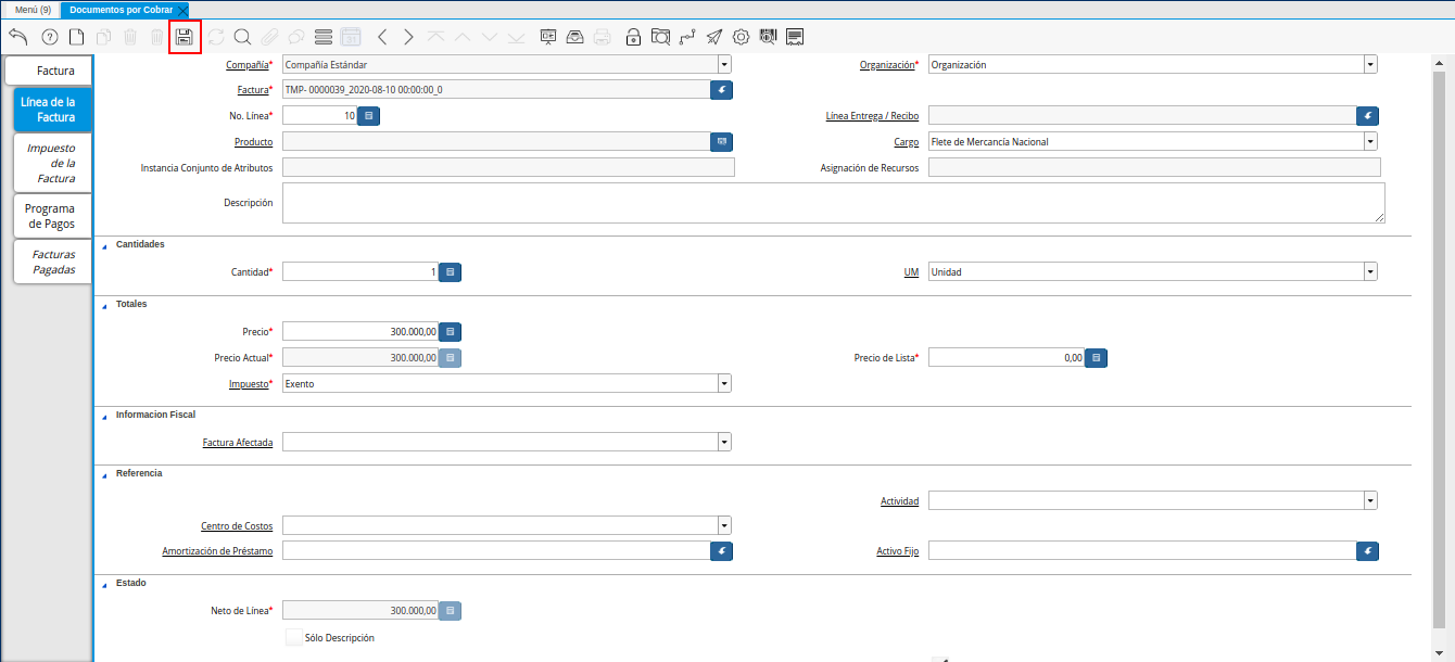 Icono Guardar Cambios de la Línea de la Nota de Débito de CxC