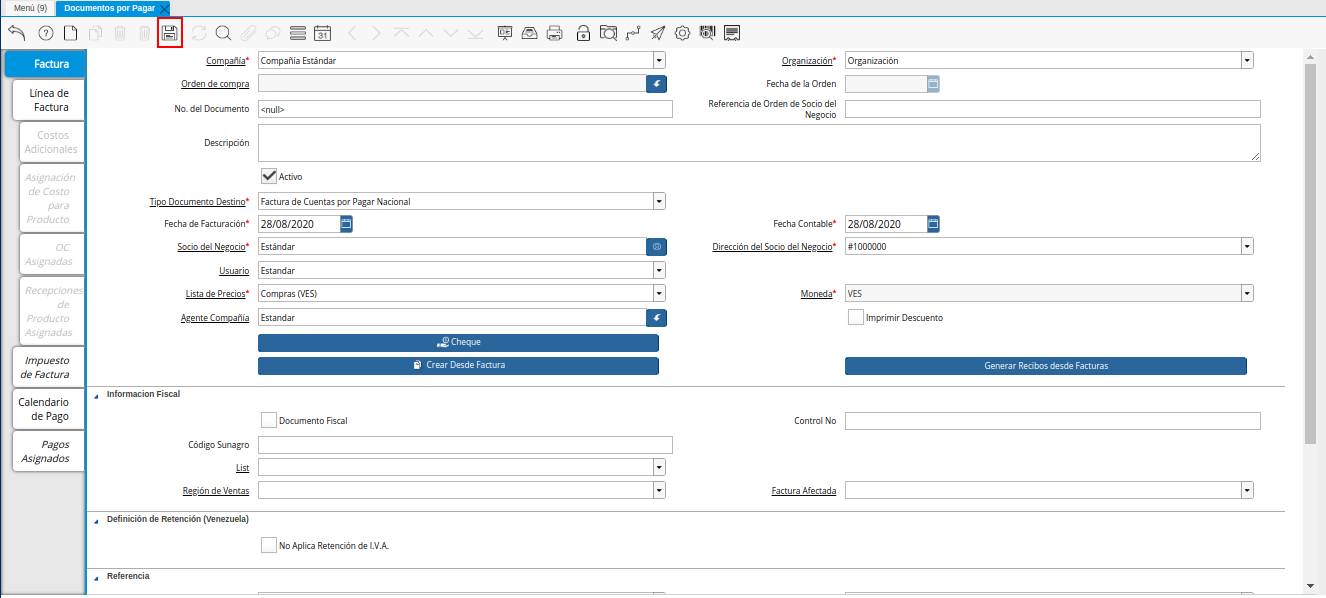 Icono Guardar Cambios de la Ventana Documentos por Pagar desde Orden de Compra