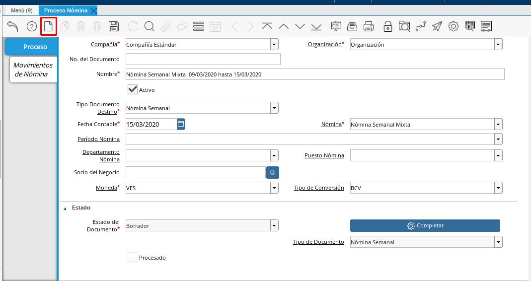 Ventana Proceso Nómina y Selección de Icono de Registro Nuevo