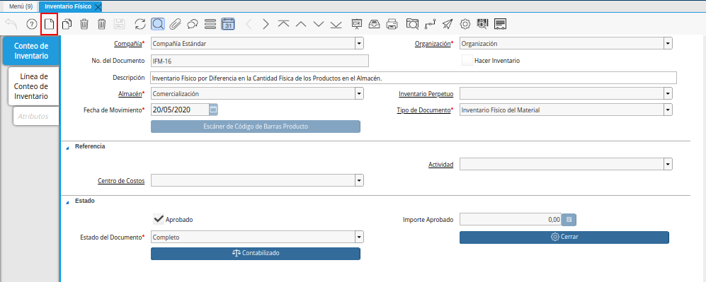 Ventana Inventario Físico y Icono Registro Nuevo