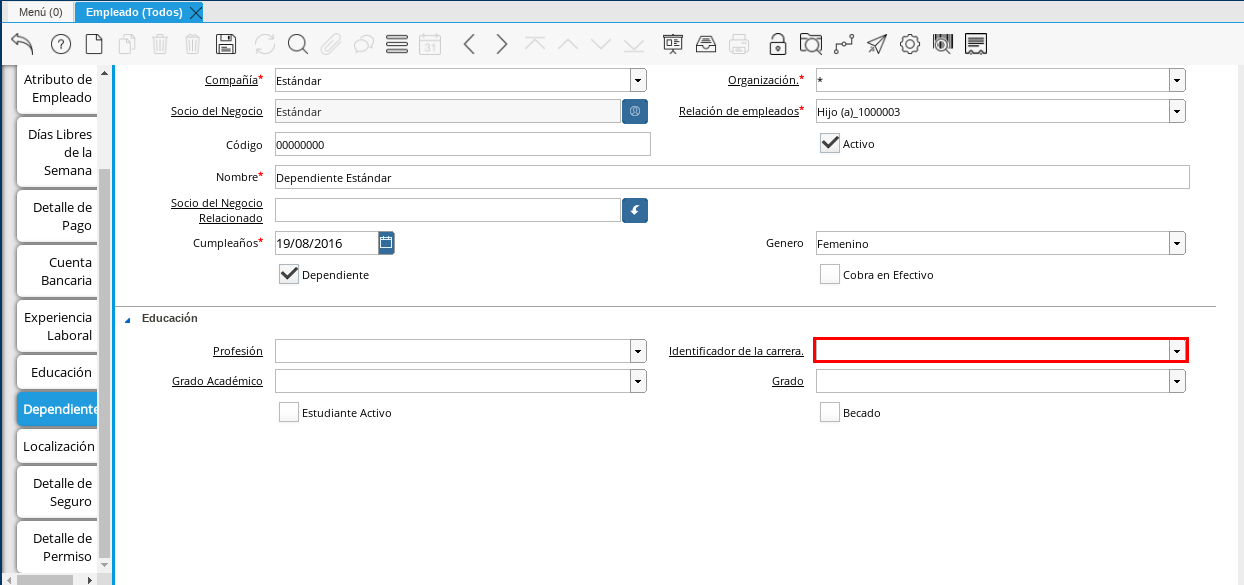 Campo Identificador de la Carrera Dependiente