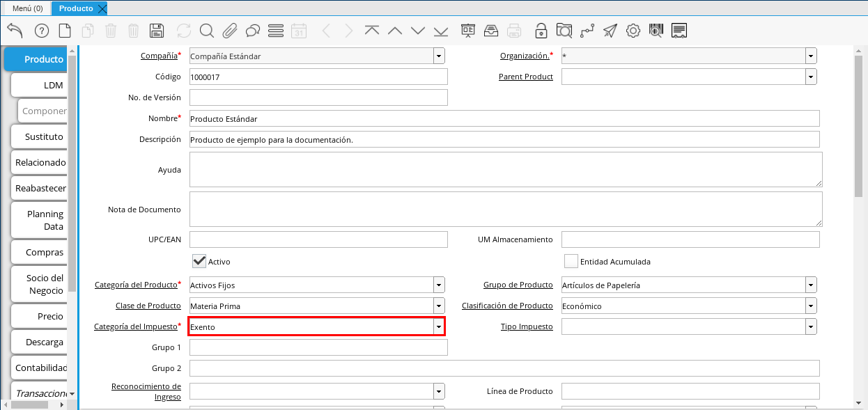Campo Categoría del Impuesto