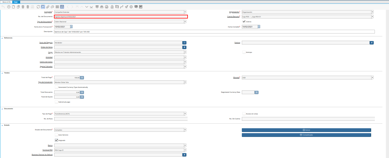 Ingreso Generado de la Transferencia Bancaria de Apertura de Caja