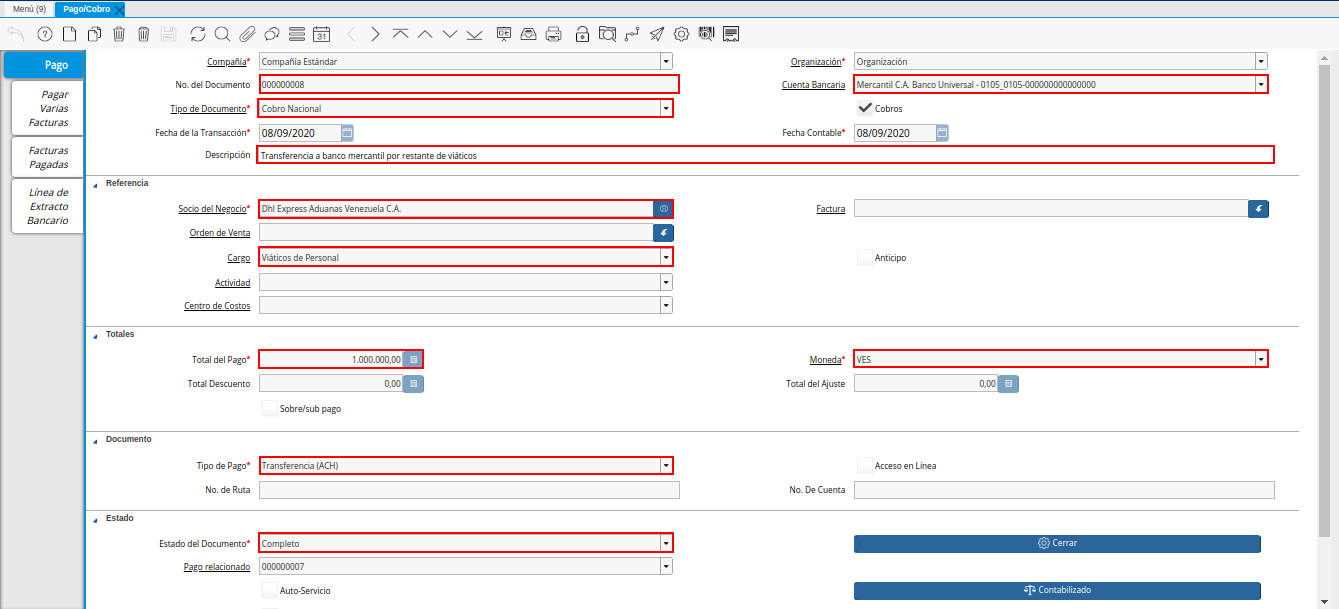 ingreso a banco por restante viáticos mayor al gasto