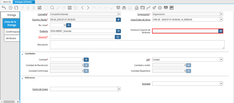 Campo Instancia Conjunto de Atributos de la Pestaña Línea de la Entrega de la Ventana Entregas Cliente
