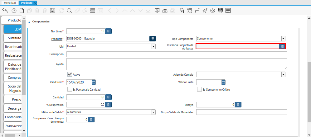 Campo Instancia Conjunto de Atributos de la Pestaña ldm del Producto Estándar para Producción