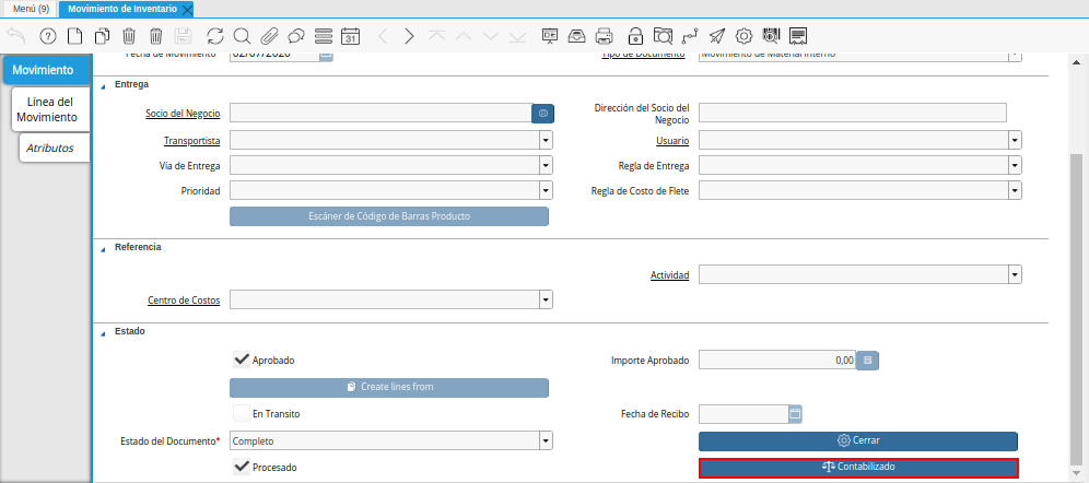 Opción Contabilizado de la Ventana Movimiento de Inventario