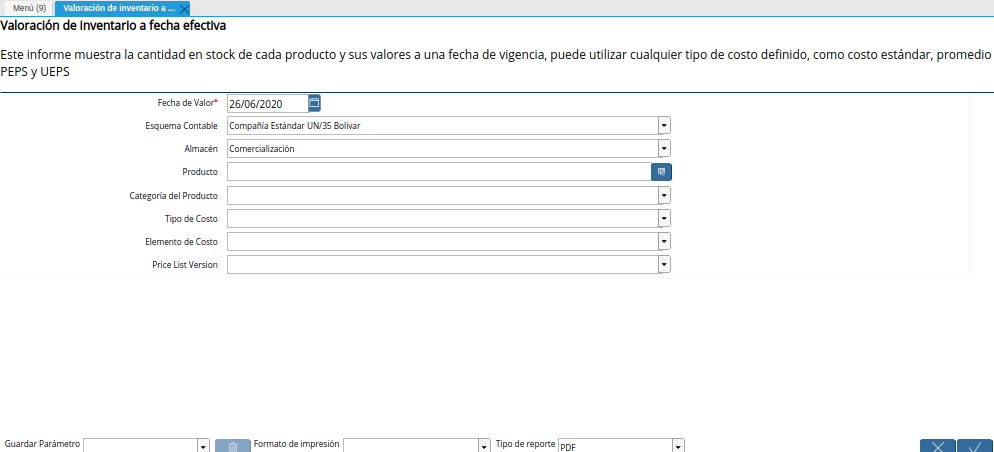 Ventana Valoración de Inventario a Fecha Efectiva