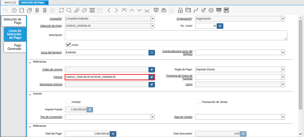 Factura Cuentas por Pagar del Documento Registro desde Selección de Pago