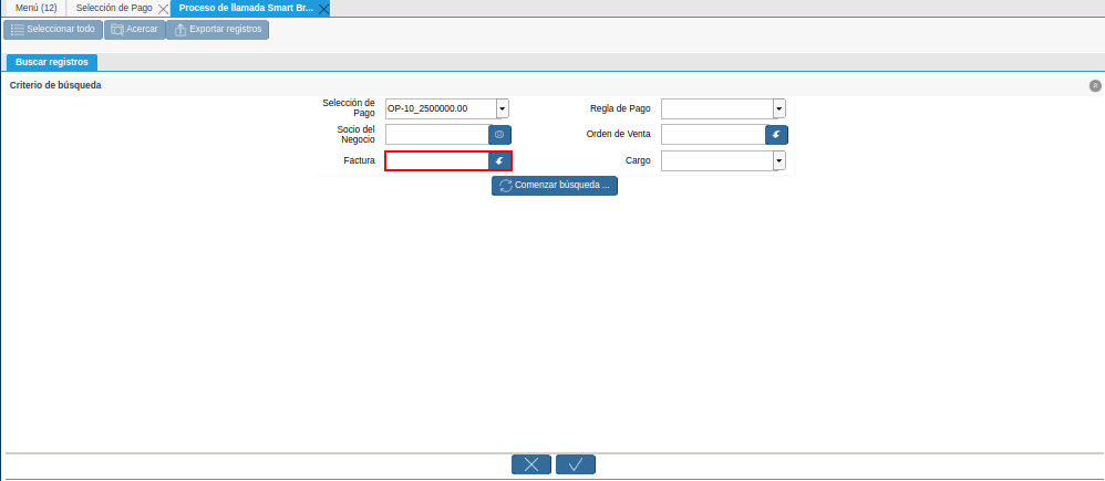 Campo Factura de la Ventana de Búsqueda Inteligente del Proceso Crear desde la Selección de Pago