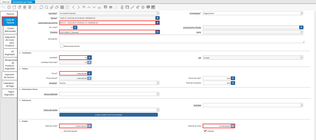 Pestaña Línea de Factura de la Ventana Documentos por Pagar desde Orden de Compra