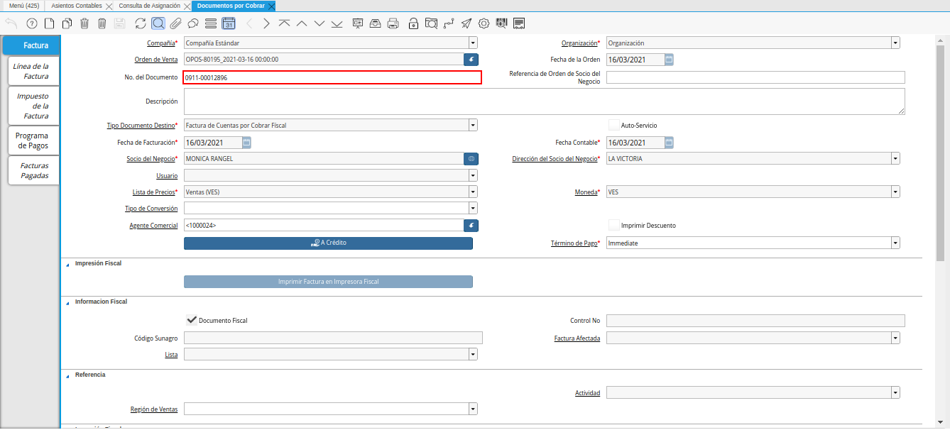 registro de factura en la ventana documentos por cobrar
