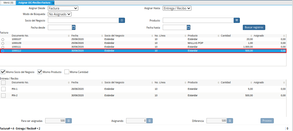 Selección de Factura de la Ventana Asignar OC Recepción Factura