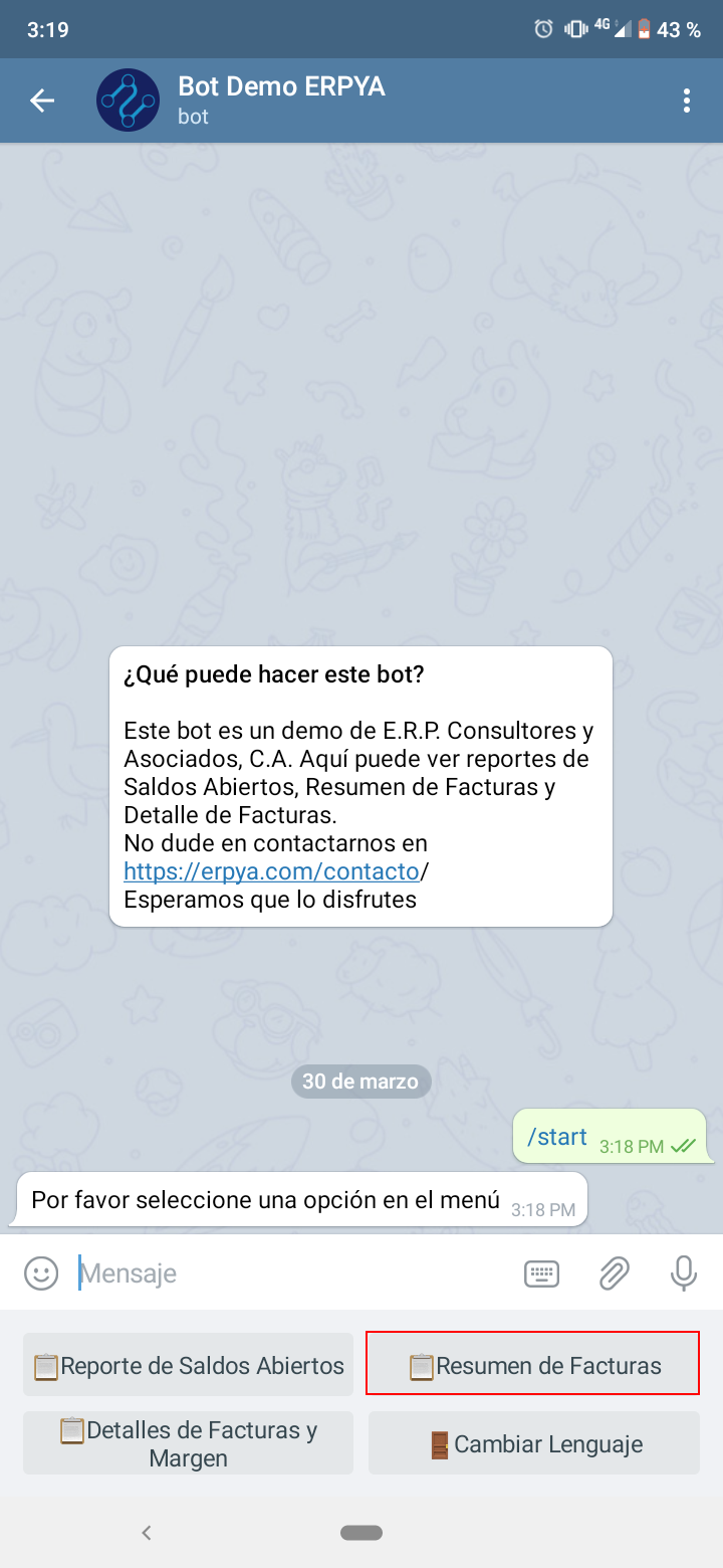 opción resumen de facturas