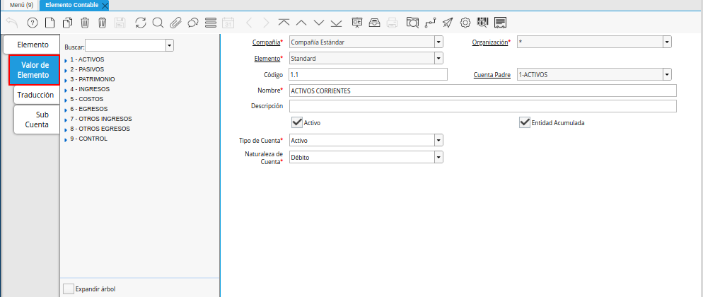 Pestaña Valor de Elemento