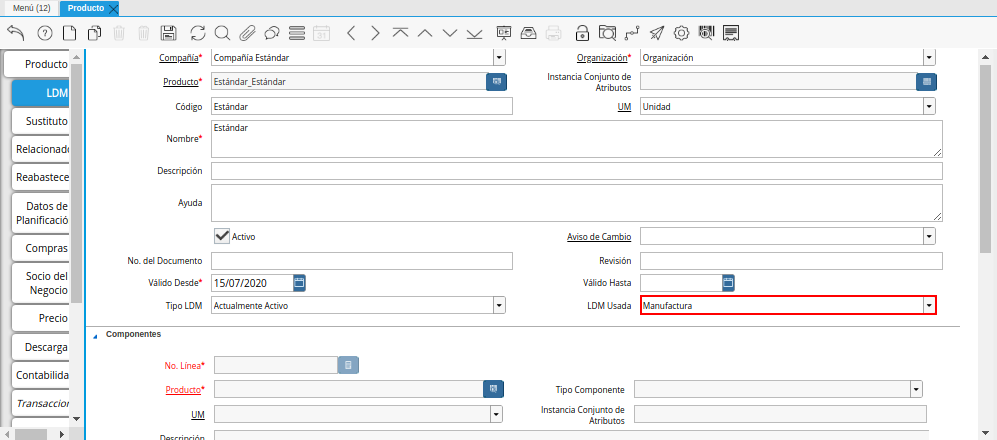 Campo LDM Usada del Producto de la Pestaña LDM