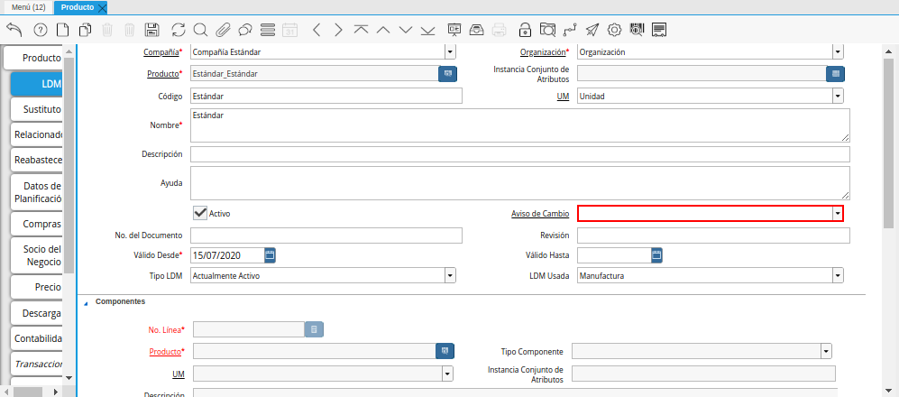 Campo Aviso de Cambio del Producto de la Pestaña LDM
