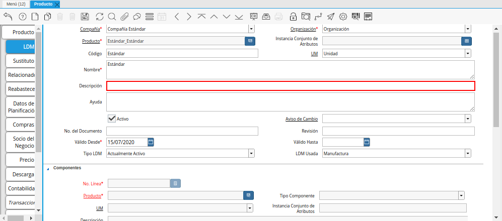Campo Descripción del Producto de la Pestaña LDM