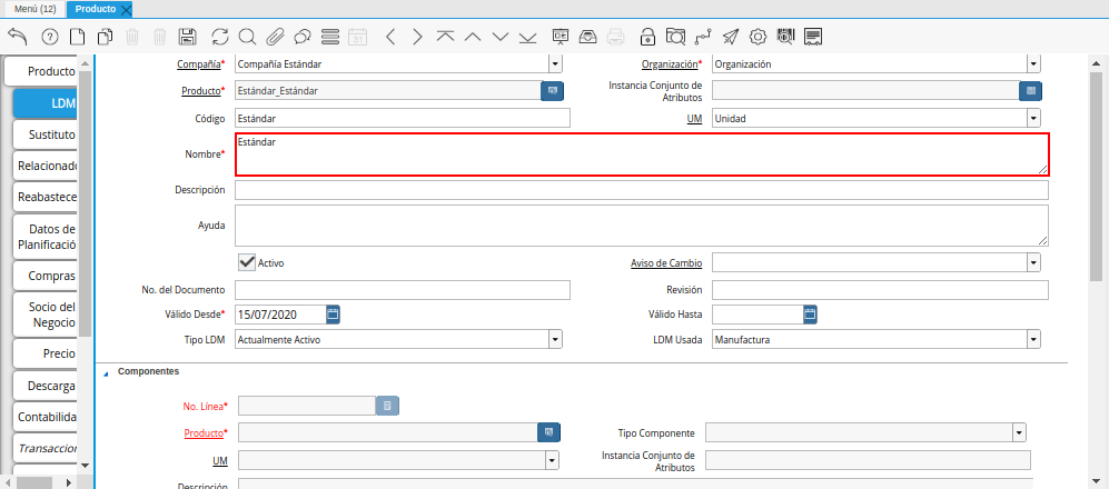 Campo Nombre del Producto de la Pestaña LDM
