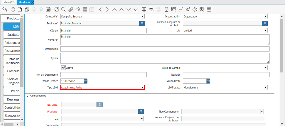 Campo Tipo LDM del Producto de la Pestaña LDM