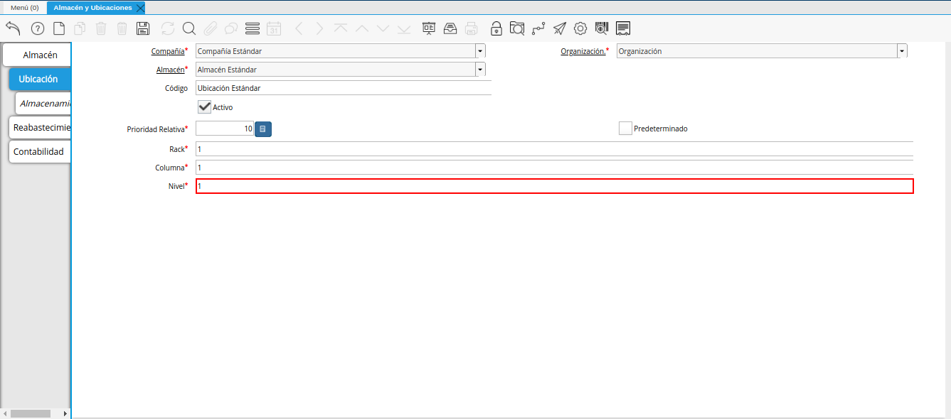 campo nivel de la pestaña ubicación de la ventana almacén y ubicaciones