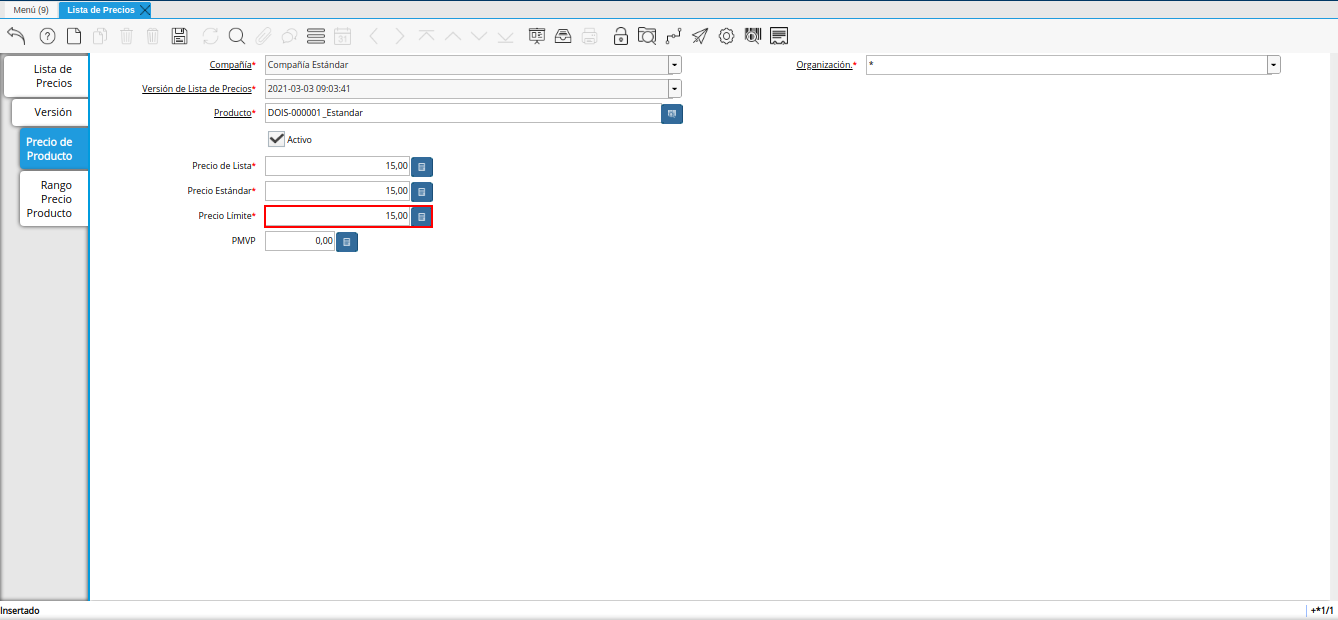 campo precio límite de la pestaña precio de producto