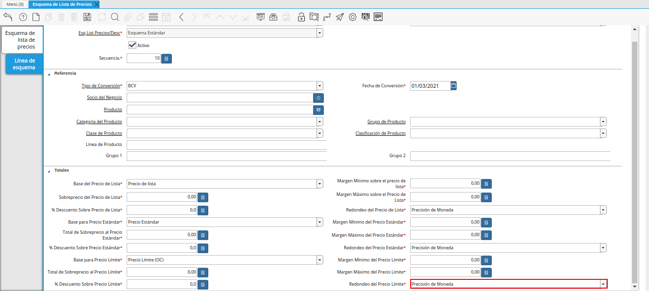 campo redondeo del precio límite de la pestaña línea de esquema