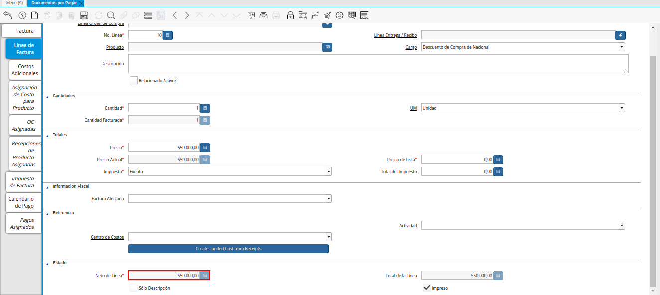 Campo Neto de Línea de la Pestaña Línea de la Factura de la Nota de Crédito de CxP