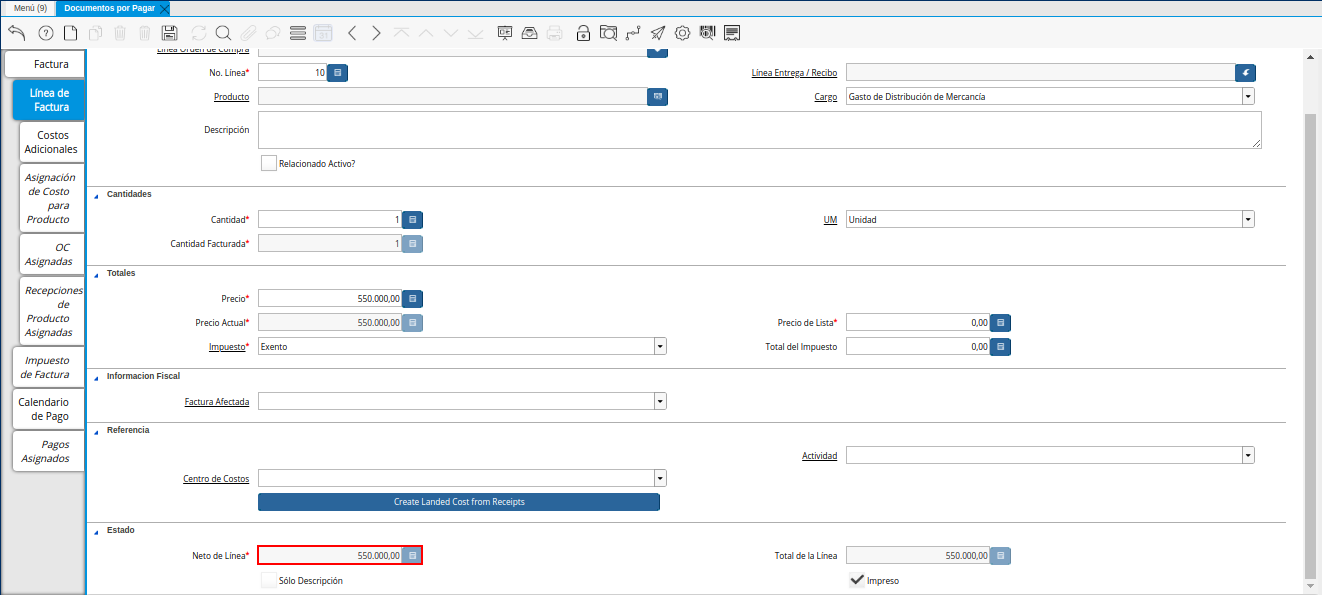 Campo Neto de Línea de la Pestaña Línea de la Factura de la Nota de débito de CxP