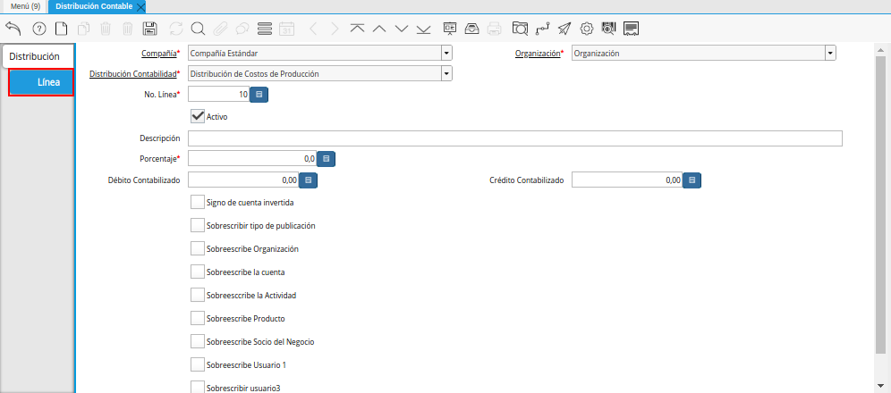 Pestaña Línea de la Ventana Distribución Contable