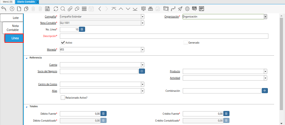 Pestaña Línea de la Ventana Diario Contable
