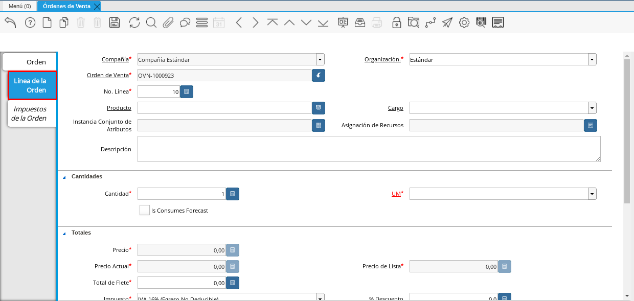 Pestaña Línea de la Orden