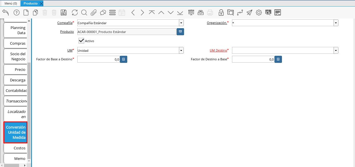 Pestaña Conversión Unidad de Medida