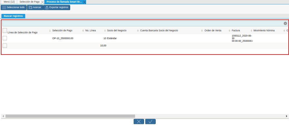 Listado de Documento por Pagar de la Ventana de Búsqueda Inteligente del Proceso Crear desde la Selección de Pago