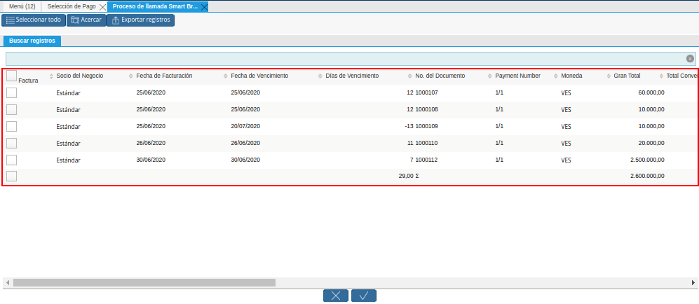Listado de Facturas de la Ventana de Búsqueda Inteligente del Proceso Crear Desde Factura
