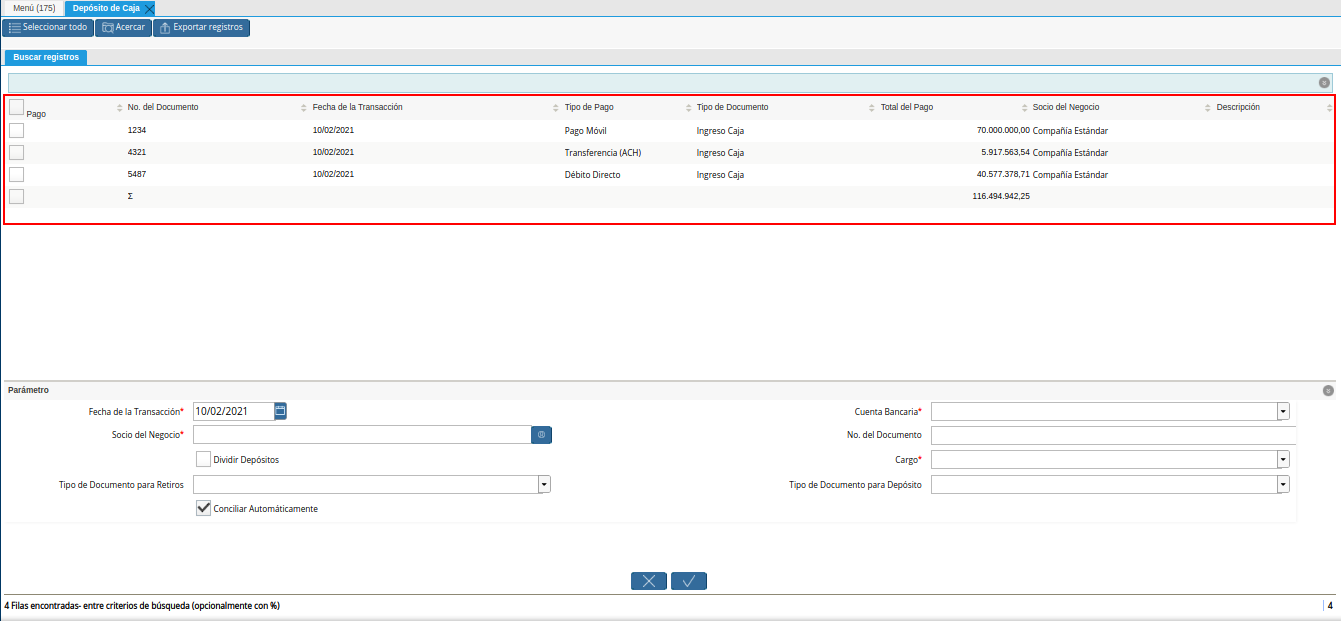 listado de movimientos de la ventana deposito a caja