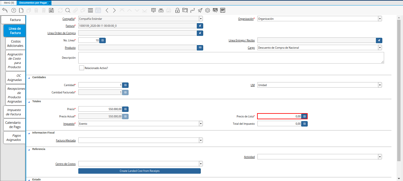 Campo Precio de Lista de la Pestaña Línea de la Factura de la Nota de Crédito de CxP