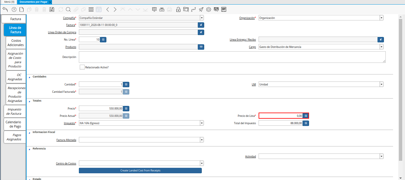 Campo Precio de Lista de la Pestaña Línea de la Factura de la Nota de débito de CxP