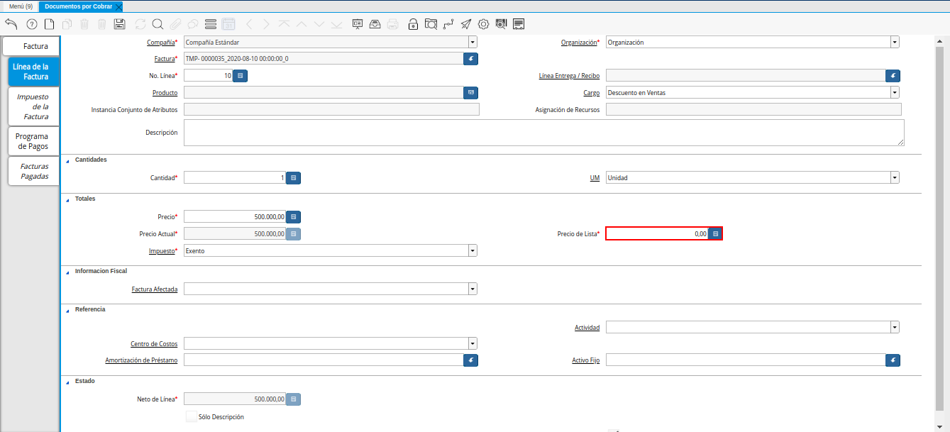 Campo Precio de Lista de la Nota de Crédito de CxC