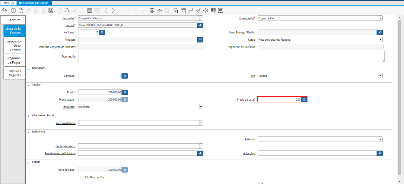 Campo Precio de Lista de la Nota de Débito de CxC
