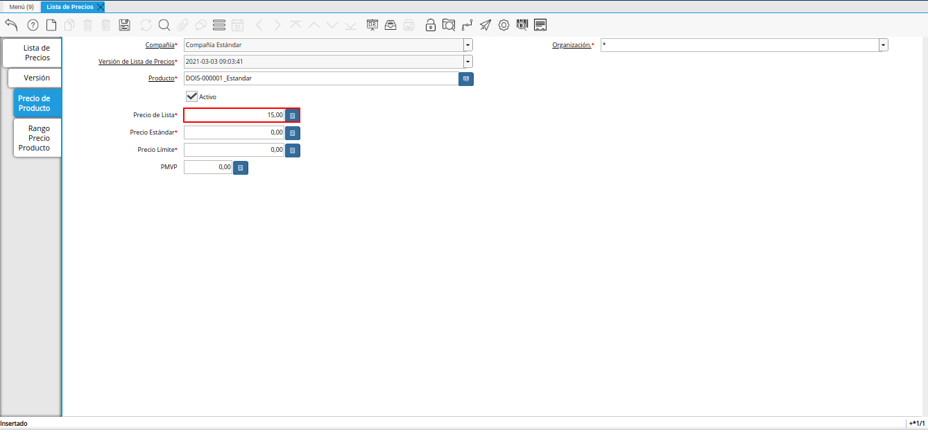 campo precio de lista de la pestaña precio de producto