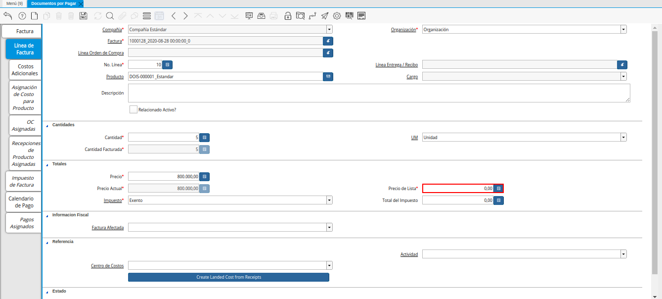 Campo Precio de Lista