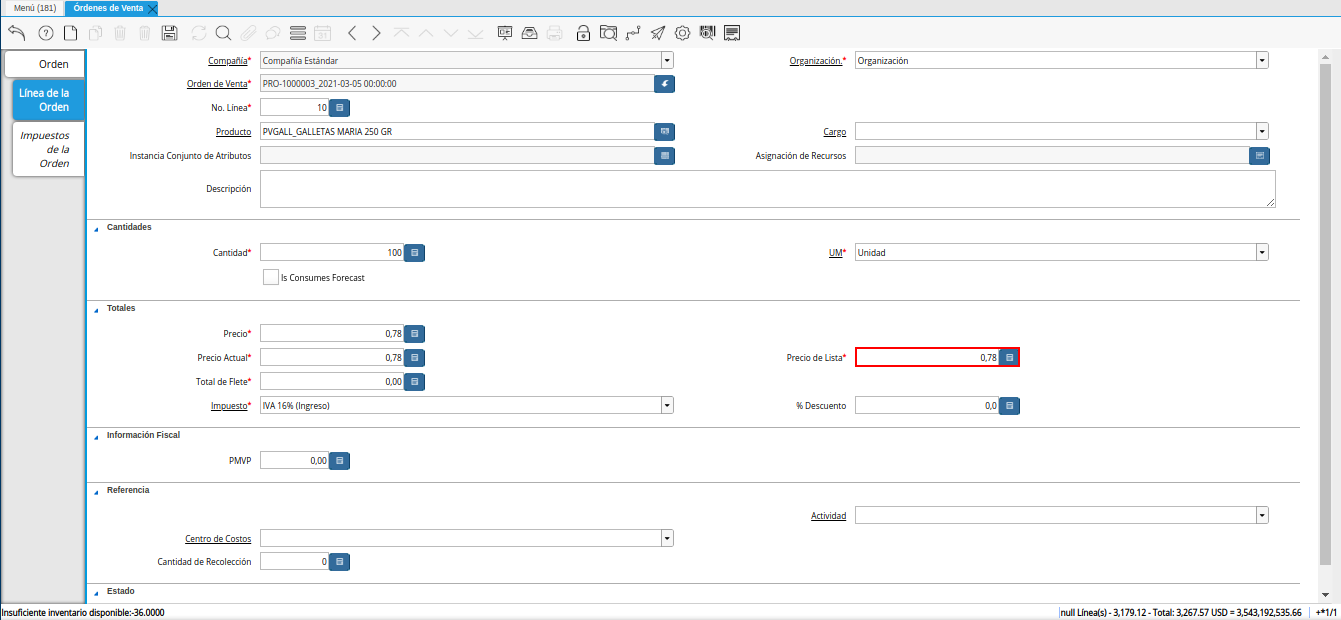 campo precio de lista de la pestaña línea de la orden de la ventana órdenes de venta