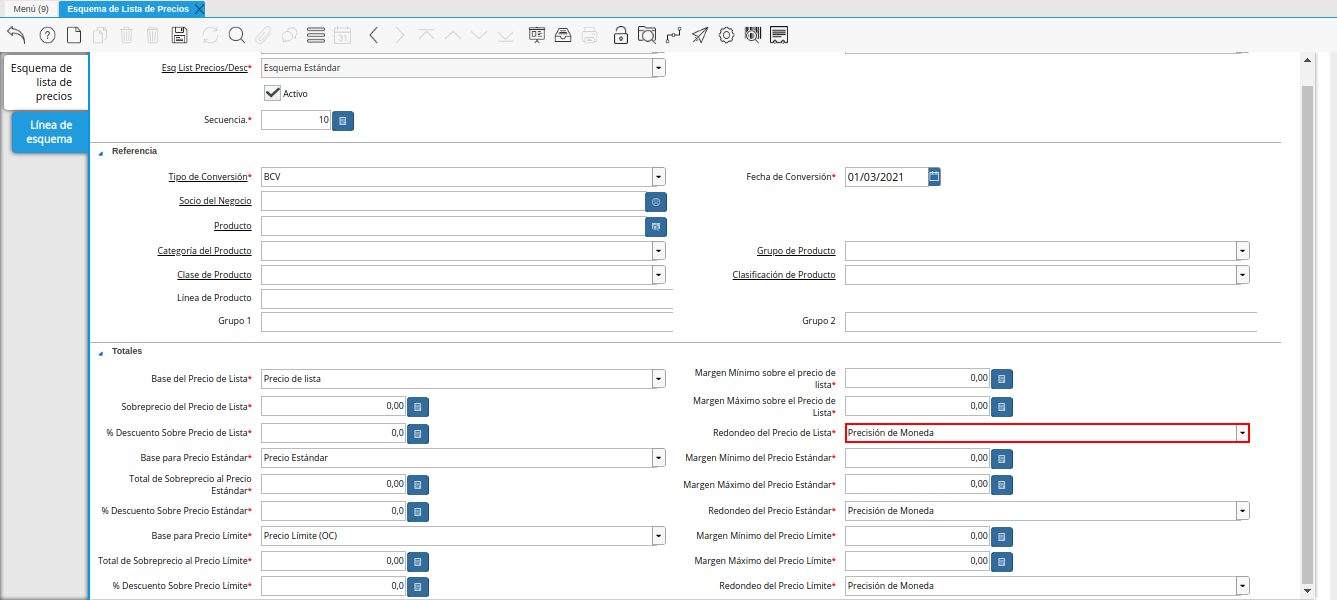 campo redondeo del precio de lista de la pestaña línea de esquema