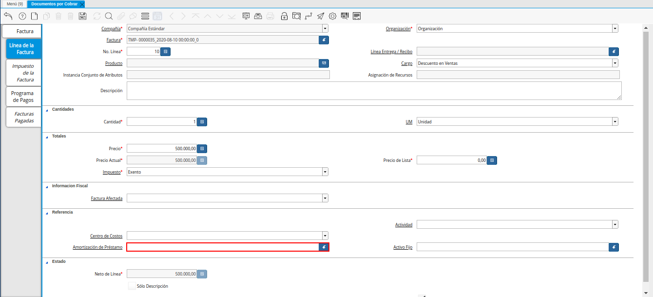 Campo Amortización de Préstamo de la Nota de Crédito de CxC