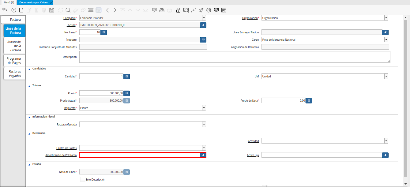 Campo Amortización de Préstamo de la Nota de Débito de CxC