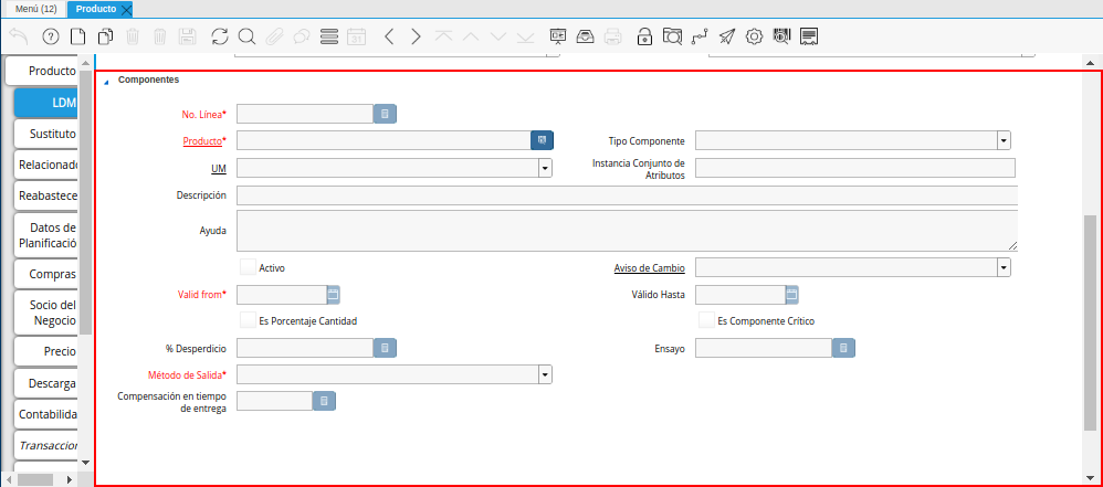 Ubicar el Grupo de Campos Componentes de la Pestaña ldm del Producto Estándar para Producción