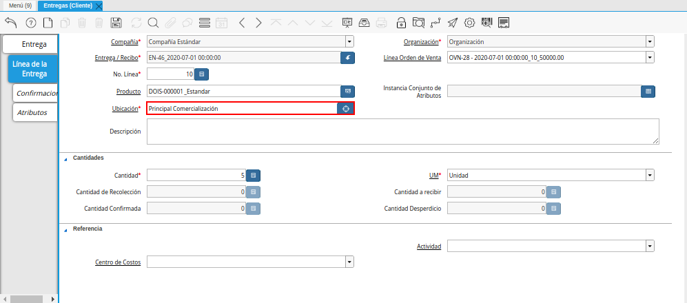 Campo Ubicación de la Pestaña Línea de la Entrega de la Ventana Entregas Cliente
