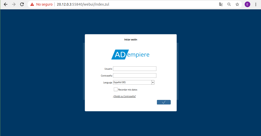 Ventana Login o Iniciar Sesión en ADempiere con Credenciales de Acceso