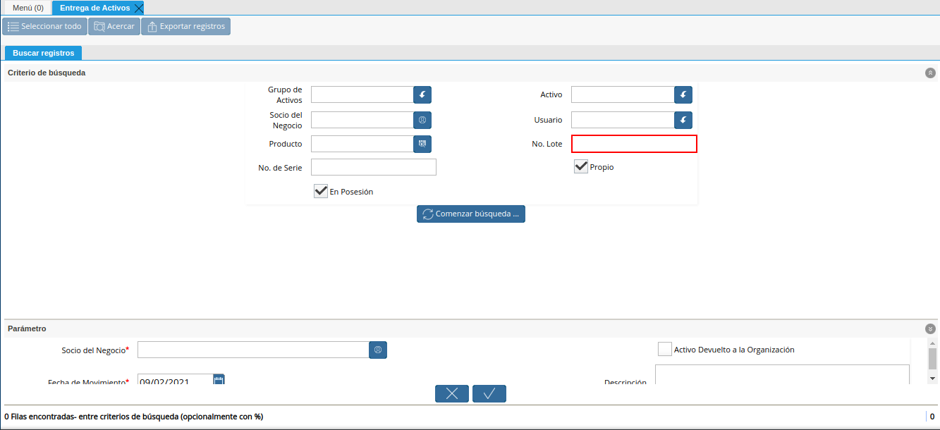 campo número de lote de la ventana entrega de activos